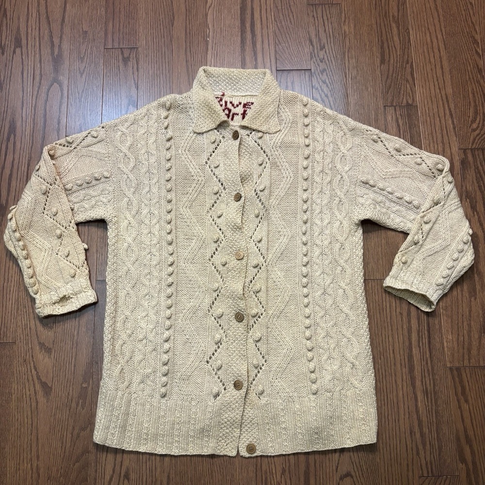 Vintage 90s Cable Knit Cardigan Sweater River Art Tan Button Stitched Woman XL